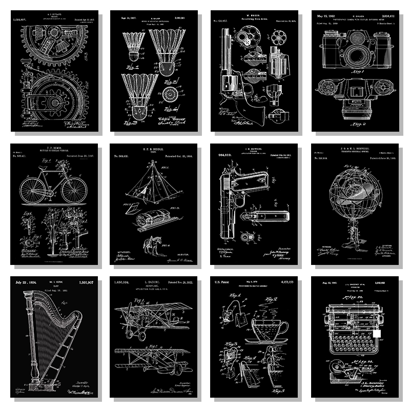 Sports Equipment Drawing - براءة اختراع أبيض وأسود ملصق خمر