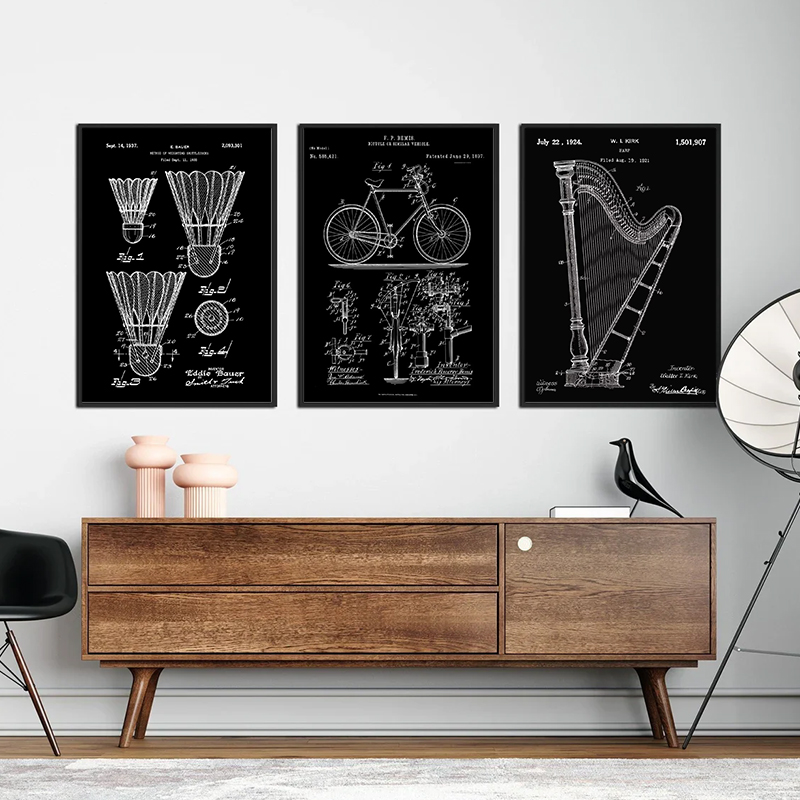 براءة اختراع أبيض وأسود ملصق خ - مراجعة Sports Equipment Drawing وسعره